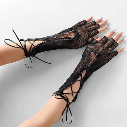 Women's summer sexy mesh strap gloves long half finger lace hollow Halloween cosplay performance etiquette gloves