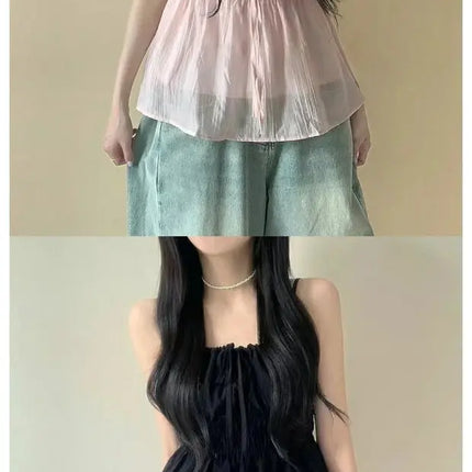 Sexy Summer Design D-string Strap Folded Waist Slimming Women's Casual Sexy Vest Top with Belt Polyester Fiber Thin Model