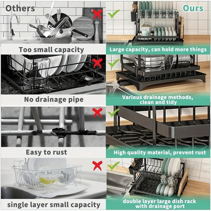 Large-Capacity Double-Layer Kitchen Storage Rack with Drainage, Lockable Metal Tableware Stand for Bowls, Kitchen Organizers