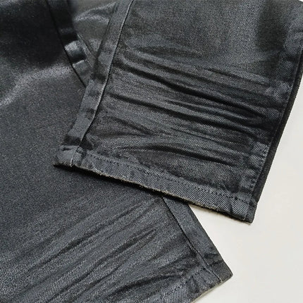 High Street Black Glue Wax Pants Women's Slim Fit Straight Leg Cat Whisker Jeans Streetwear Casual Denim Pants Men Clothing