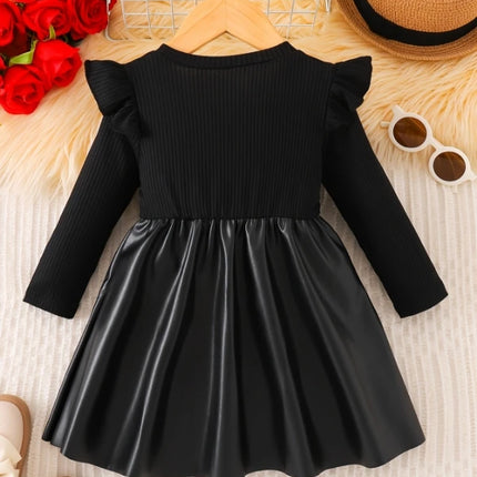 Spring/Autumn Baby Girls' Round-Neck Dress with Bow Decor and Leather Patchwork Long-Sleeved Casual Dress