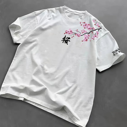 Summer Men Cherry Blossom Pattern Japanese Style Loose-Tee Shirt Suitable for Daily Wear 100% Cotton Material Trendy Versatile