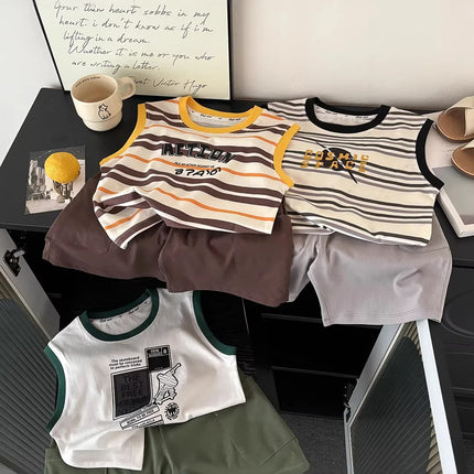 2026 Summer Sport Style Boys Clothing Set Letter Pattern Tank Top+Cargo Shorts 2Pcs Clothes Stripe Children Suit