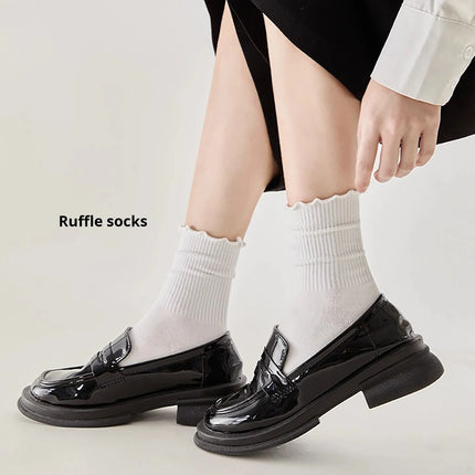 Cotton Socks for Women Girls Ruffle Top Solid Color Spring Autumn Breathable Soft Mid-calf Sock 1 Pair or 2 Pairs