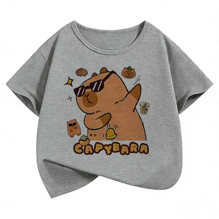 Summer Spring Cute Capybara Print Round Neck Short Sleeved Tee Shirt for Boys and Girls Fashionable Simple Children's T-shirt