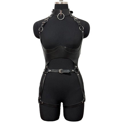 Women Fashion Sexy Harness Waist Belt Set PU Leather Harness Waist Erotic Body Leg Garter Belt Goth Clothing Accessoly