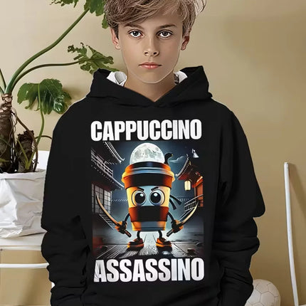 Funny Cappuccino Assassino Hoodies Boys Girls Funny Italian Brainrot Print Hoodie Long Sleeve Hooded Tops Kids Humor Sweatshirts