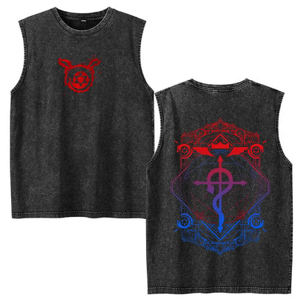Anime Fullmetal Alchemist Vintage Washed Tank Tops Funny Manga Brotherhood Eyes T-shirts Fashion Casual Sleeveless Vest T-shirts