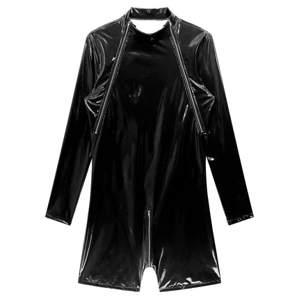 Latex Leotard Bodysuit Men's One Piece Wet Look PVC Leather Zipper Crotch Jumpsuit Romper Long Sleeve Wrestling Singlet Clubwear