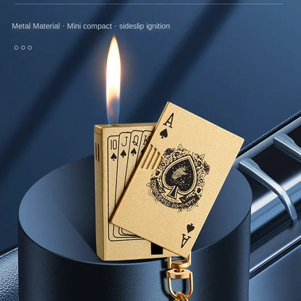 Metal Poker Keychain Pendant Inflatable Lighter Mini Compact Side Slip Butane Open Fire Outdoor Portable Lighter Men's Gift