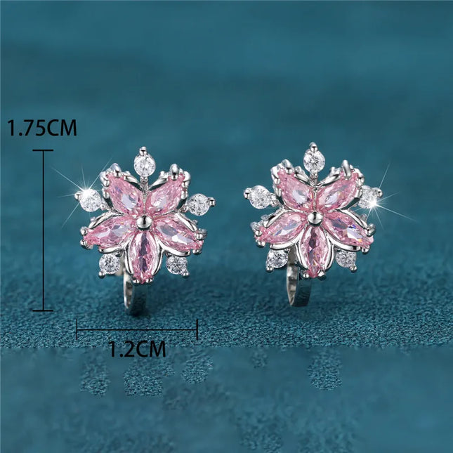 Elegant Pink Crystal Sakura Clip Earrings White Zircon Cute Flower Earrings For Women Vintage Silver Color Wedding Jewelry Gifts