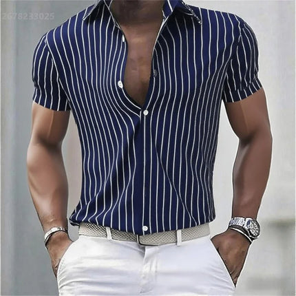 Men's Shirt Striped Slim Fit Short Sleeve Shirt, Breathable Lapel Button Fashion Hawaiian Shirt, Comfortable Fabric XS-6XL