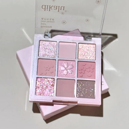 Romantic Pink Flower 9-Colors Glitter Eyeshadow Matte Shimmer Pink Brown Shiny Eye Shadow Girl Makeup Palette Lasting Cosmetic