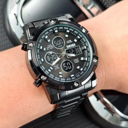 SKMEI Men Dual Display Watch Countdown Steel Strap Electronic Wristwatch Three Time Clock Digital Quartz Watch Relogio Masculino