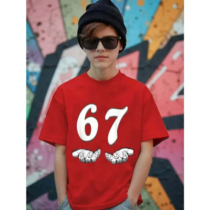 Fashion Funny 67 Six Seven Number Print Summer Comfortable Children's Short Sleeved Shirt Kid Cotton T-shirt Boy Current Tee Top