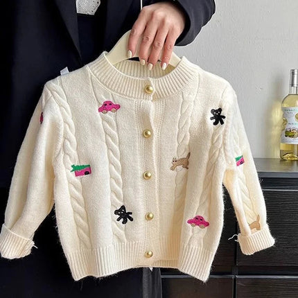 3 4 5 6 8 10 Years Girls Sweaters Spring Autumn New Cartoon Print Single Breasted Knit Cardigan ForTeen Kids Sweet Knitwear Coat