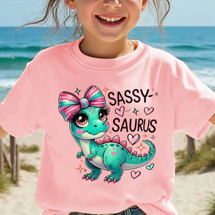 Girls' Kawaii Cartoon Dinosaur Graphic T-Shirt Cute Pink Bow Hearts Print T-Shirt Kids Short Sleeve Tee Y2k Children's Clothing
