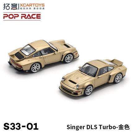 In Stock POP RACE 1:64 PR640132 Porsche Singer DLs Turbo Gold, Skyline GT-R (R34) V-Spec Il Alloy Die Cast Car Model