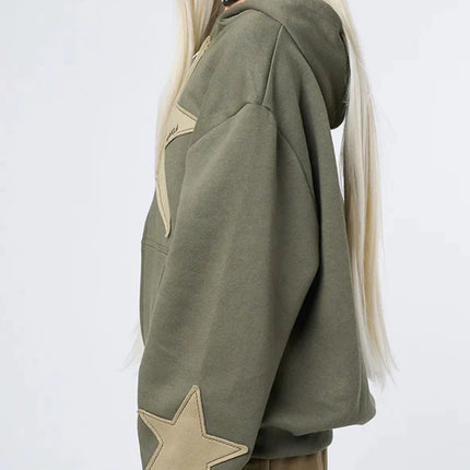 Y2K Vintage Star Print Hooded Hoodie for Women Casual Loose Long Sleeve Zip Up Drawstring Sweatshirts Autumn Spring Coat Street