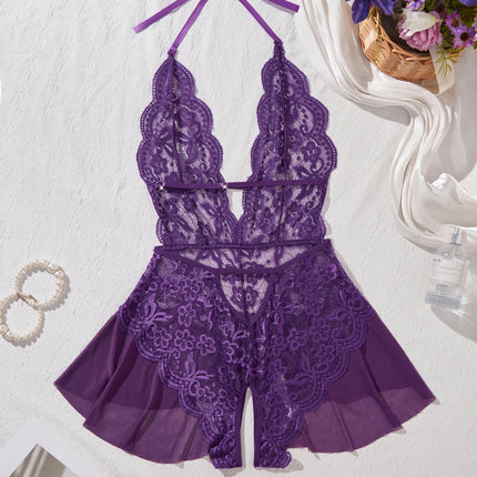 Women Plus Size Purple Lace Halter Neck Bodysuit With Peplum Skirt