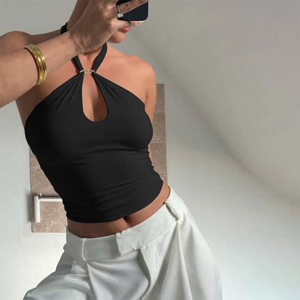 Hugcitar Women's Fashion Halter Solid Loop Backless Bandage Sexy Crop Tank Top 2025 Summer Casual Clothes Streetwear Vacation Club
