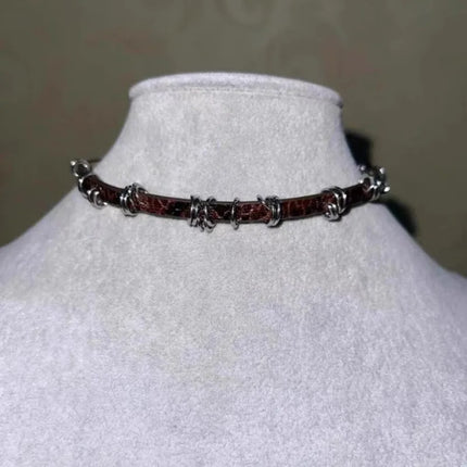 Gothic Brown Vintage Irregular Metal Circle Fine Leather Necklace Choker Sweet Cool Retro Leather Collar Choker Jewelry Y2K