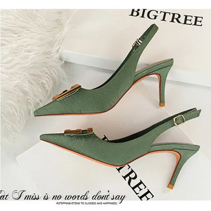 2024 Autumn Women Soft Leather Slingback Shoes Thin High Heels Office Dress Fashion Hollow Pointy Toe Gentle Sandals 8999-5