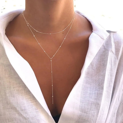 Gold Necklace for Women 14k Gold Plated/Silver Y-Shaped Pendant Necklace Layered Beaded Chain Drop Necklaces For Women Gift