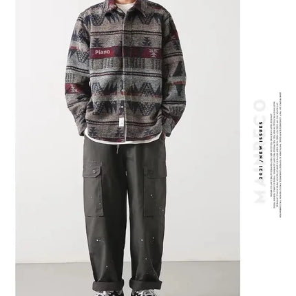 Trendy Men's Woolen Jacket Spring Autumn Casual Style Shirt Patchwork Design Sensibility Chinese National Fashion Overwear