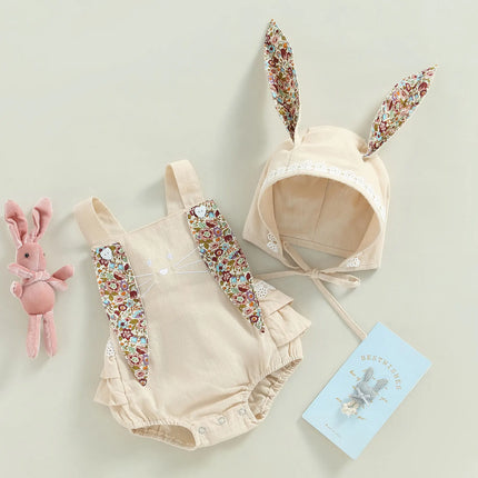 Citgeett Summer Easter Infant Baby Girls Casual Bodysuit Sleeveless Floral Print Bunny Playsuit Cartoon Hat Clothes