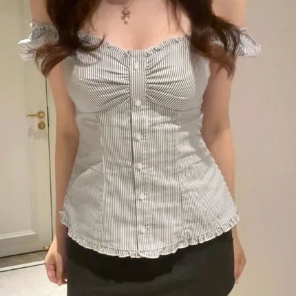 Slim Fit ort Sve irt V-Ne Beautiful Striped Flng Sve Top Trendy Girl's Faion Casual Wear Summer 2025