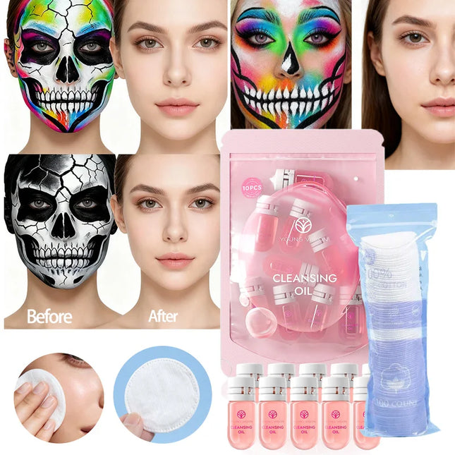 YOUNG VISION  5/10-Piece Makeup Remover Oil + 100-Piece Cotton Pads Gentle Skin-Friendly Deep Cleansing Makeup Remover Oil Set