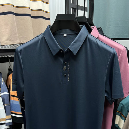 High End Brand New Summer Solid Color Silk Cotton High-quality Short Sleeved Polo Men's Fashionable Business Seamless Casual Top