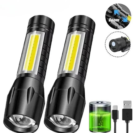 Powerful Mini LED Flashlight COB+XPE Zoom Torch Built In Battery USB Rechargeable Light Outdoor Portable Camping Emergency Lamp