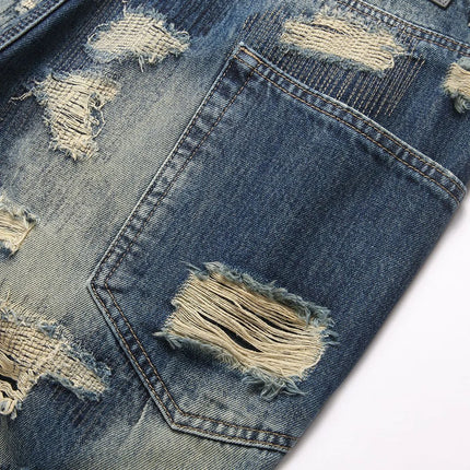 Men Ripped Denim Jeans Holes Distressed Patchwork Beggar Pants Embroidery Loose Straight Trousers