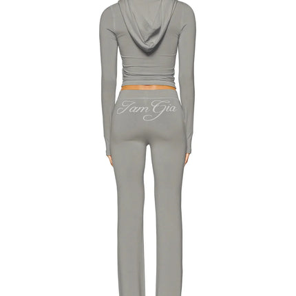 Gia Slim-Fit Letter Print Topstitching Design Hooded Zip-Up Jacket and Pants Set