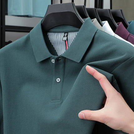 100% Pure Cotton Short-Sleeved Men's Polo Shirt Summer Boutique Fashion High-Quality Top Solid Color Collar Back Striped T-Shirt