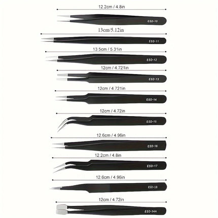 10-Piece High-Quality Anti-Static Stainless Steel Tweezer Set - Precision, Corrosion-Resistant, Ergonomic Design for Home Repair