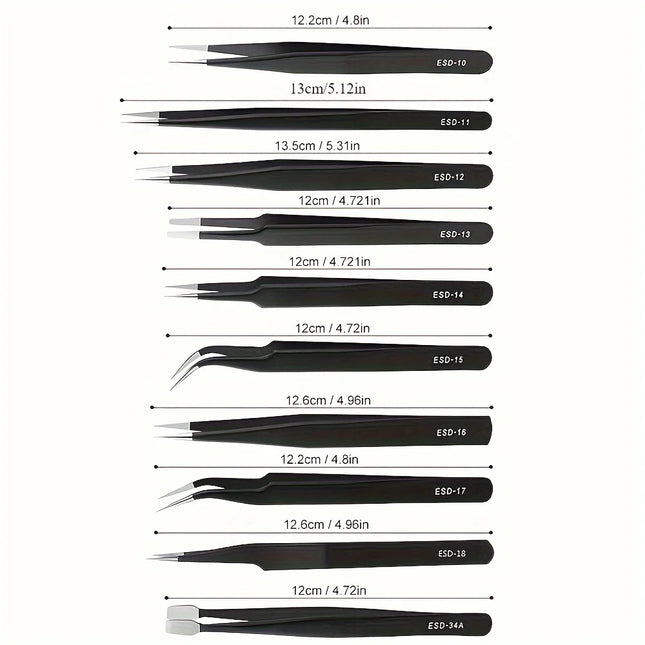10-Piece High-Quality Anti-Static Stainless Steel Tweezer Set - Precision, Corrosion-Resistant, Ergonomic Design for Home Repair