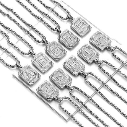 Men's 18K Gold Square Double-Sided 26 English Letter Pendant Titanium Steel Jewelry Necklace