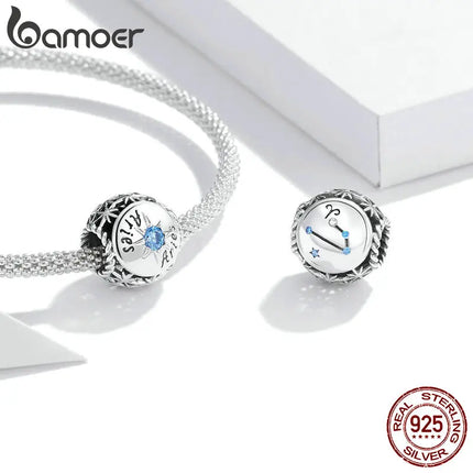 BAMOER Zodiac Star Sign 925 Sterling Silver Charm Beads Fit for Charm Bracelets, 12 Constellations Cubic Zirconia Charm SCC1725