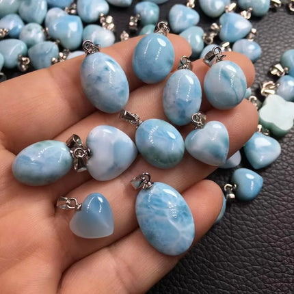 1 Pc Fengbaowu Natural Stone Dominican Republic Larimar Heart Oval Cabochon Pendant 925 Sterling Silver Jewelry Gift For Women