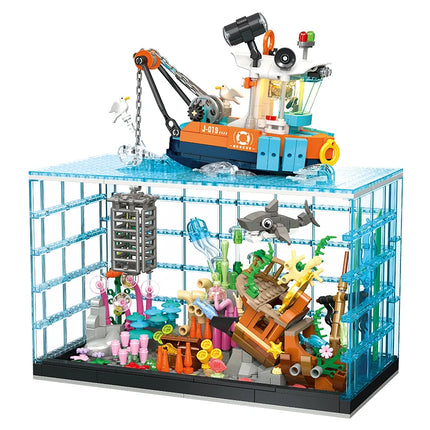 856PCS Diving Adventure Fish Tank with Lights Building Blocks Set, Creative Ornament, Educational Toy, Kids Birthday Gift