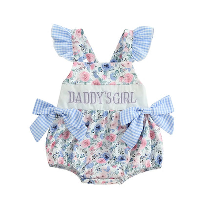 Baby Girls Romper Fly Sleeve Flower Print Embroidery Letters Bow Infant Bodysuit Summer Clothes for Casual Daily