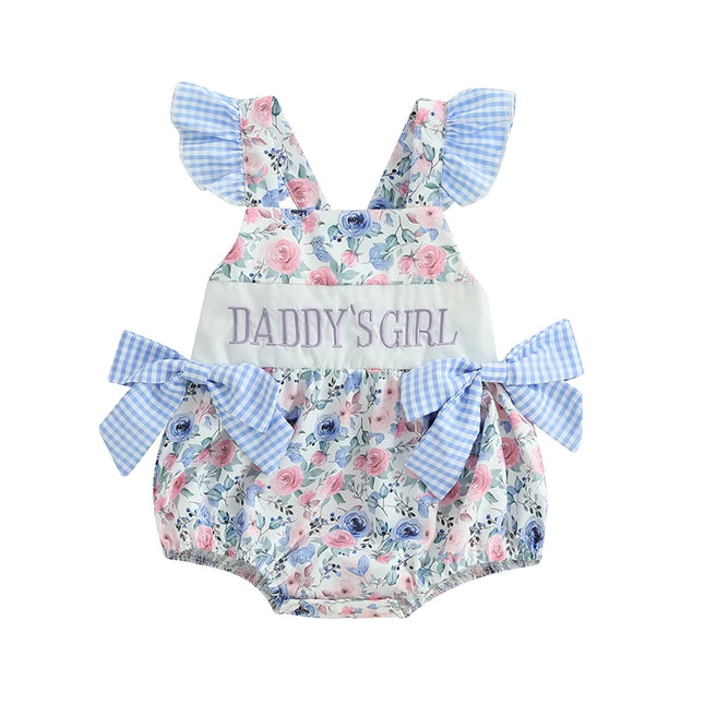 Baby Girls Romper Fly Sleeve Flower Print Embroidery Letters Bow Infant Bodysuit Summer Clothes for Casual Daily