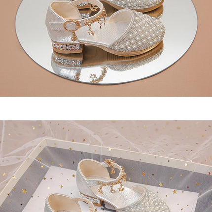 Girls High Heeled Shoes for Wedding Party Glitter Rhinestone Pendants Shiny Glitter Fashion Princess Kids Leather Dress Shoes