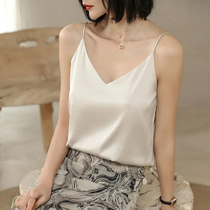 2026 Spaghetti Strap Top Women Halter V Neck Basic White Cami Sleeveless Satin Silk Tank Tops Women's Summer Camisole Crop Top