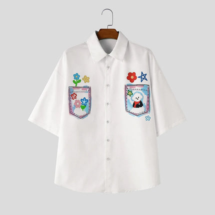 INCERUN Men's Shirt Printing Lapel Short Sleeve Loose Summer Menswear Clothing Streetwear 2026 Korean Style Casual Tops Shirts