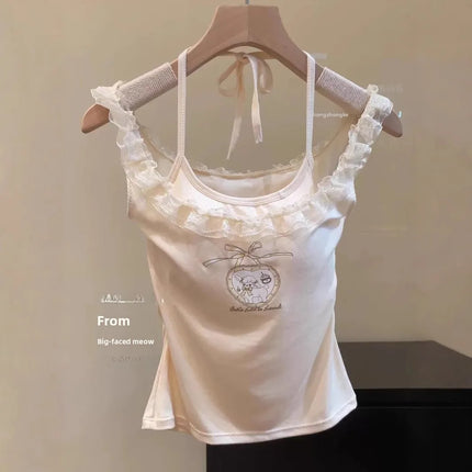 Removable Pad Lace Trim Crop Top Sleeveless Tank Top Printed Design Sweet And Spicy Style Women's Fashion Cotton Blend