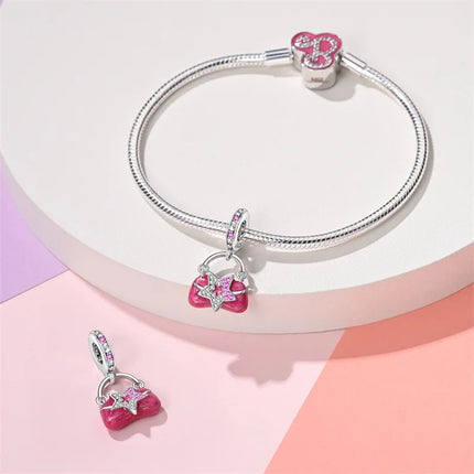 100% 925 Sterling Silver Fashion Pink Princess Skirt Bag Lipstick Charms Beads Fit Qikaola Original Bracelets DIY Jewelry Gifts